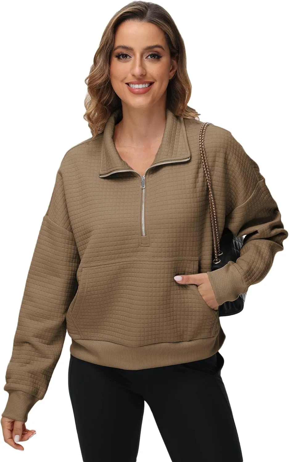 YuKaiChen Womens Sweatshirts Half Zip Cropped Quarter Zipper Hoodies Waffle Pullover Tops with Pocket