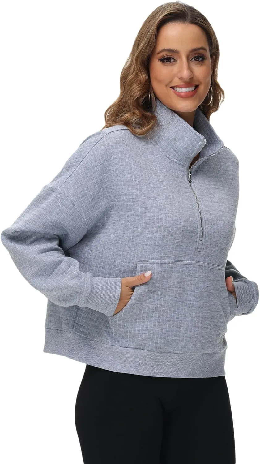 YuKaiChen Womens Sweatshirts Half Zip Cropped Quarter Zipper Hoodies Waffle Pullover Tops with Pocket
