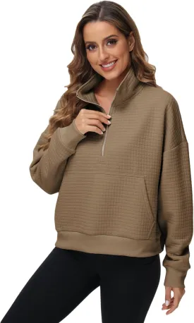 YuKaiChen Womens Sweatshirts Half Zip Cropped Quarter Zipper Hoodies Waffle Pullover Tops with Pocket