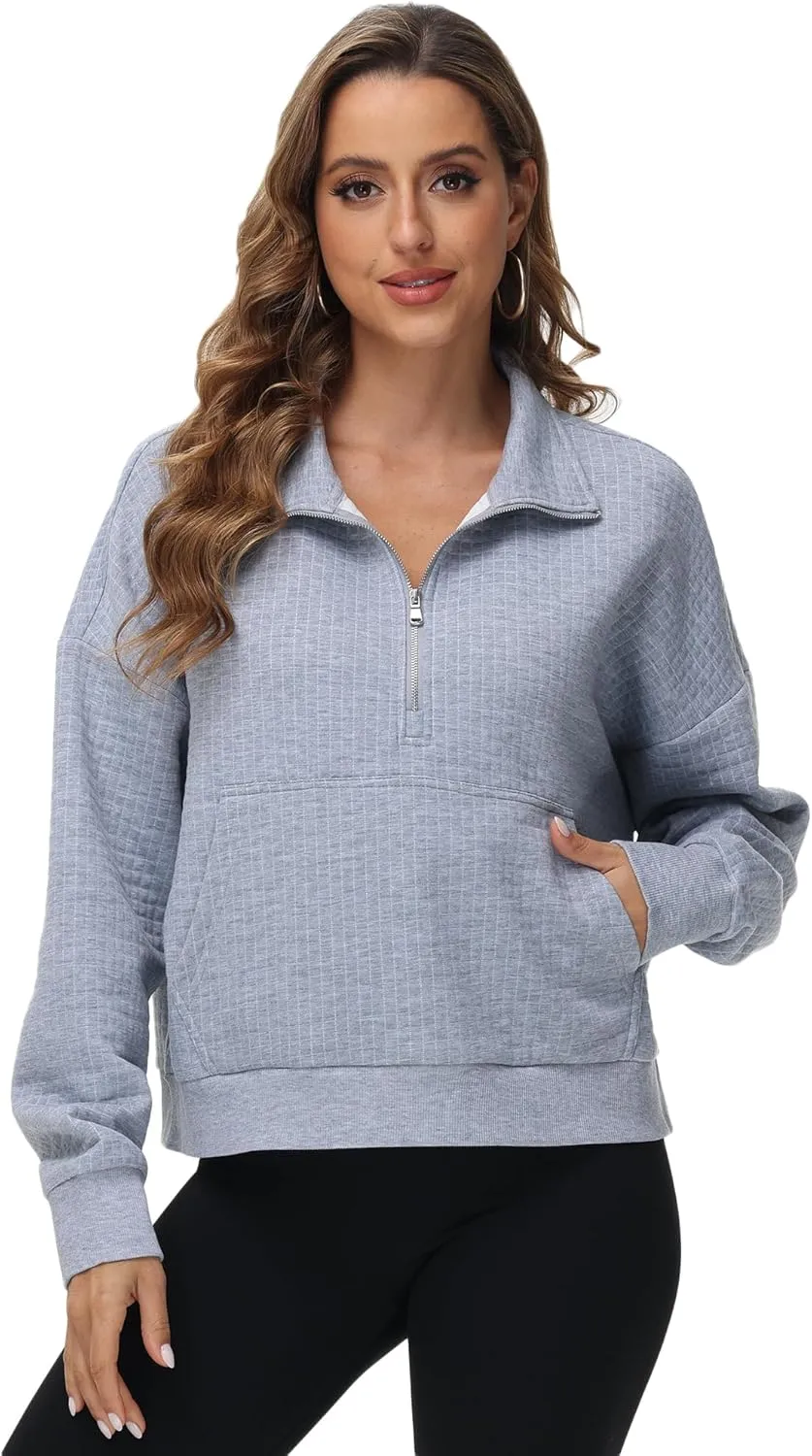YuKaiChen Womens Sweatshirts Half Zip Cropped Quarter Zipper Hoodies Waffle Pullover Tops with Pocket