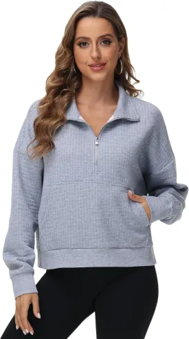 YuKaiChen Womens Sweatshirts Half Zip Cropped Quarter Zipper Hoodies Waffle Pullover Tops with Pocket