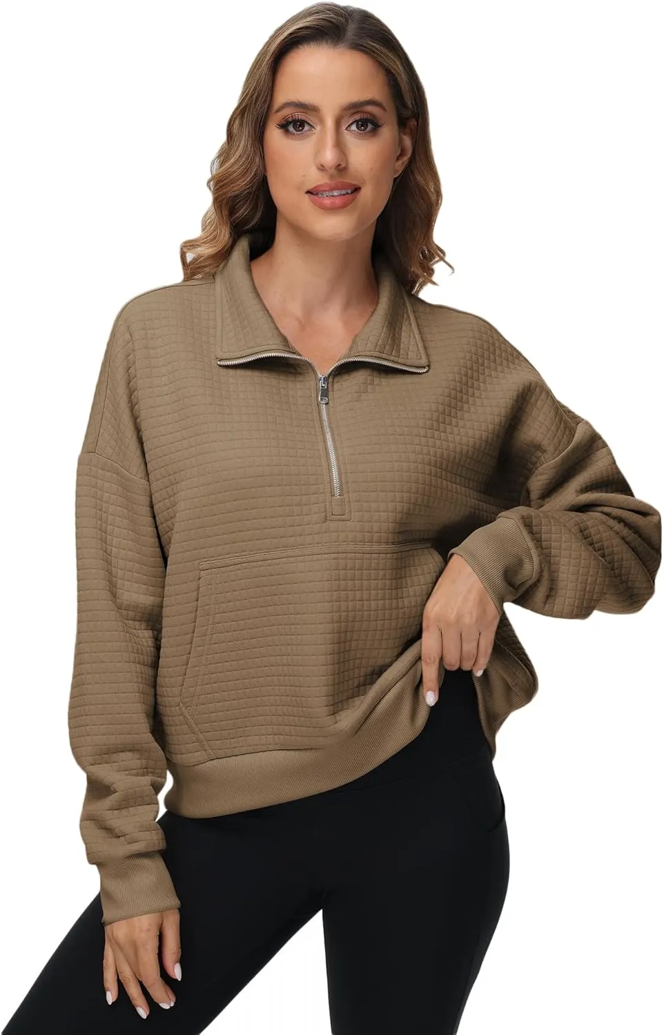 YuKaiChen Womens Sweatshirts Half Zip Cropped Quarter Zipper Hoodies Waffle Pullover Tops with Pocket